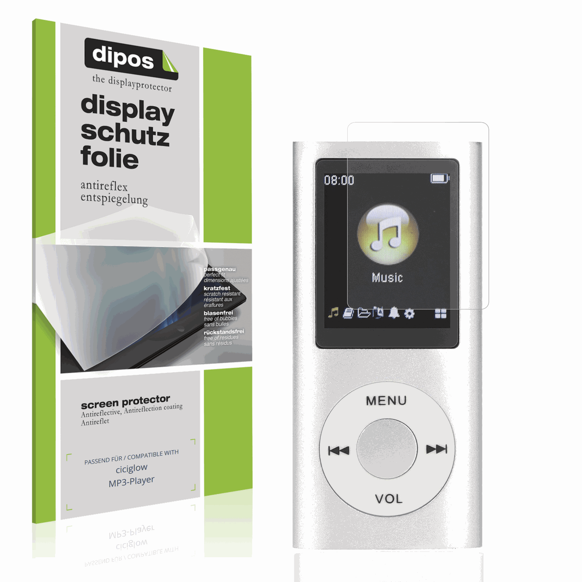 Matte Displayschutzfolie von dipos passend für ciciglow MP3-Player, präziser Zuschnitt und blasenfrei montiert