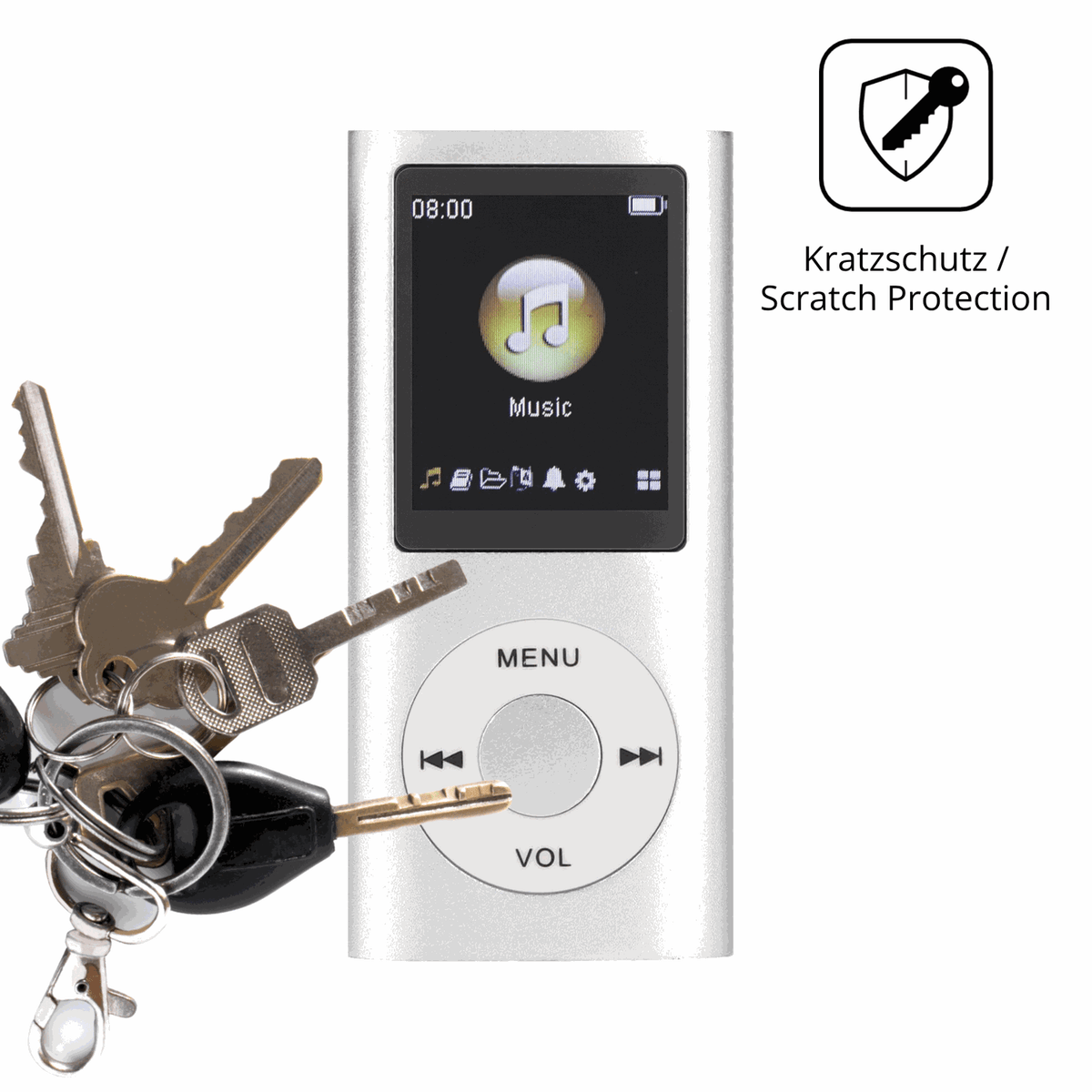 Schutz gegen Kratzer auf dem ciciglow MP3-Player Glas durch Schlüssel oder Ähnliches