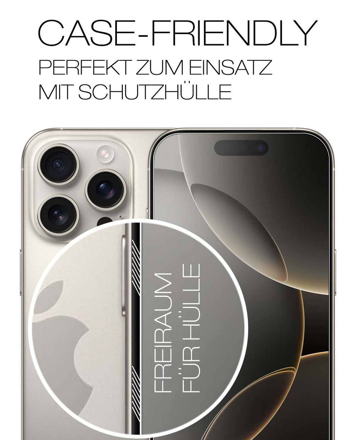 AppleiPhone 16 Pro mit aufgebrachter dipos Flex Schutzfolie, glasklare Darstellung ohne Einschränkungen