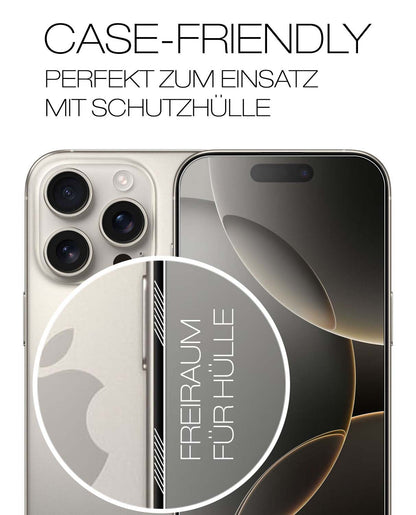AppleiPhone 16 Pro mit aufgebrachter dipos Flex Schutzfolie, glasklare Darstellung ohne Einschränkungen