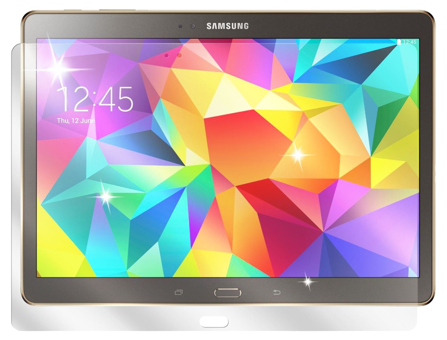Galaxy Tab S 10.5Samsung mit aufgebrachter dipos Displayschutzfolie, glasklare Darstellung ohne Einschränkungen