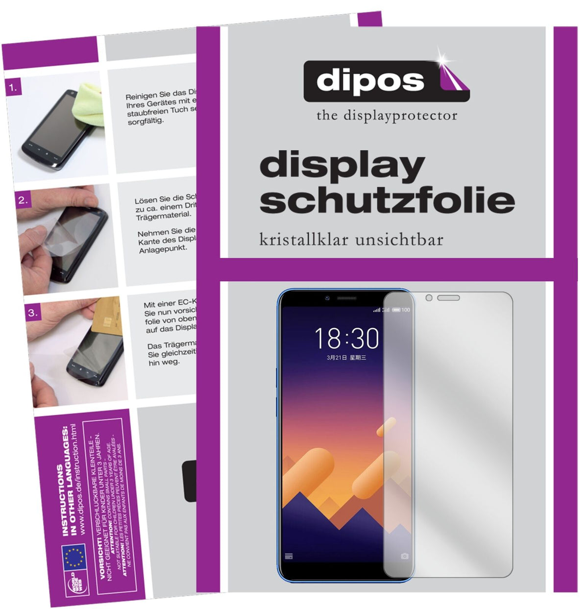 MeizuE3 mit aufgebrachter dipos Displayschutzfolie, glasklare Darstellung ohne Einschränkungen