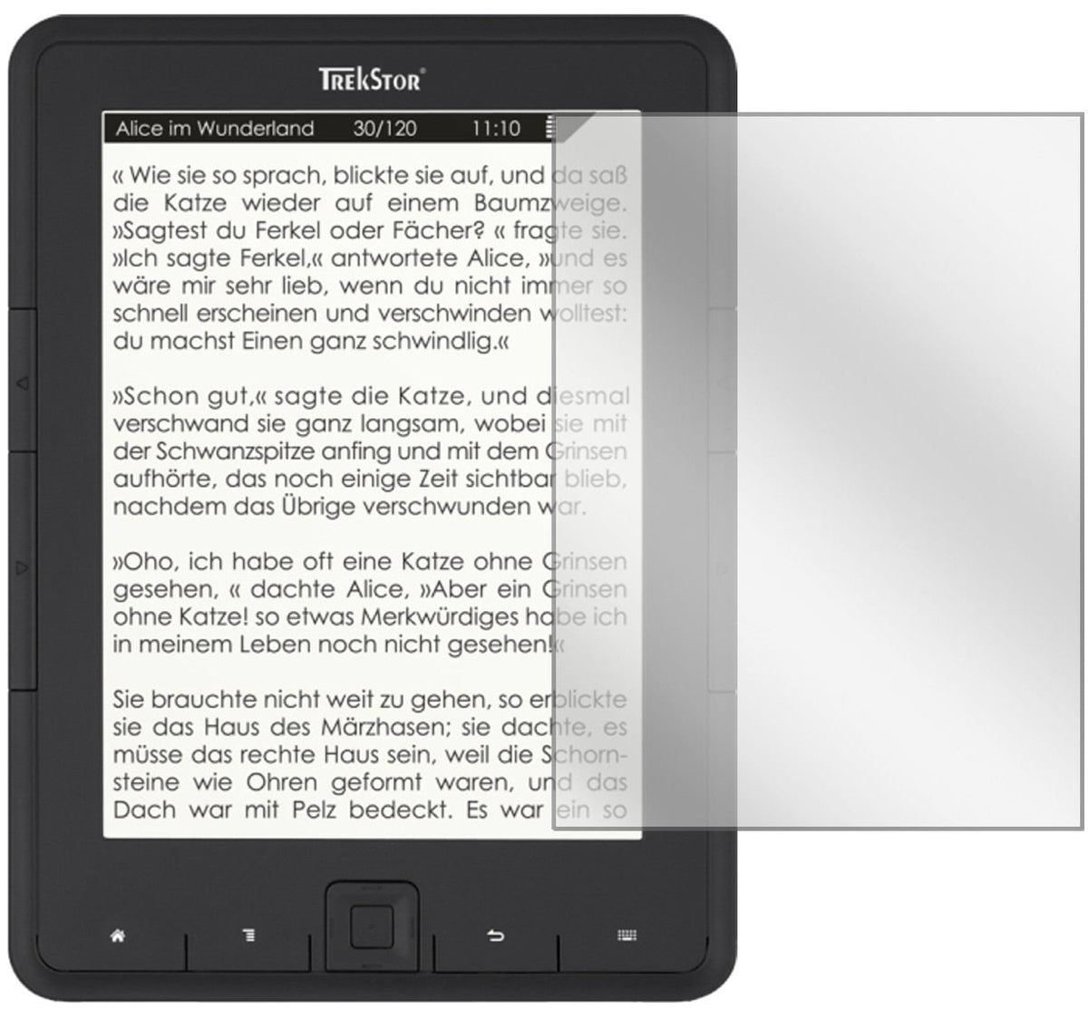 TrekStoreBook Reader Pyrus mit aufgebrachter dipos Displayschutzfolie, glasklare Darstellung ohne Einschränkungen