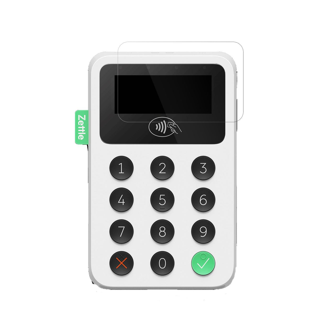 ZettleReader 2 mit aufgebrachter dipos Displayschutzfolie, glasklare Darstellung ohne Einschränkungen