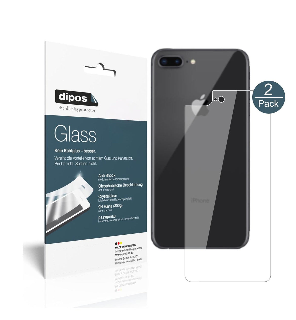 1x 9H Schutzfolie für Apple iPhone 8 Plus Rückseite Panzerfolie