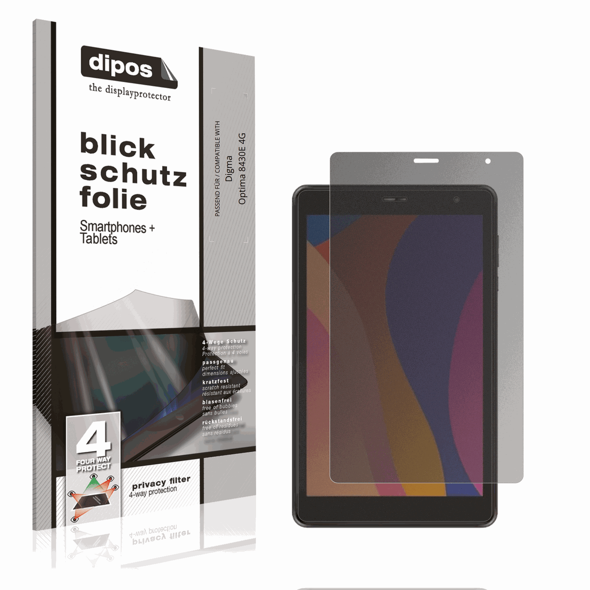 Blickschutzfolie von dipos passend für Digma Optima 8430E 4G, präziser Zuschnitt und blasenfrei montiert