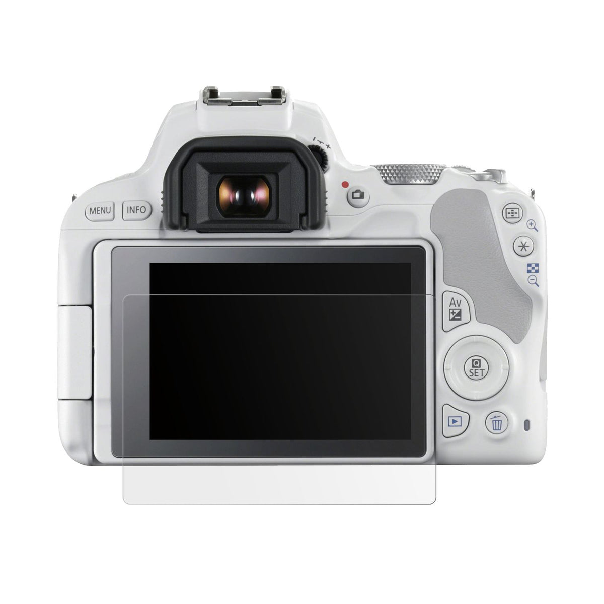 Canon200D mit aufgebrachter dipos Displayschutzfolie, die lästige Fingerabdrücke minimiert