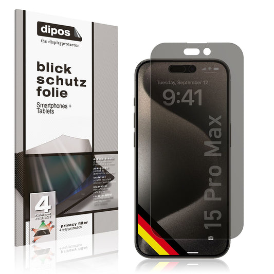 Blickschutzfolie von dipos passend für Apple iPhone 15 Pro Max, präziser Zuschnitt und blasenfrei montiert
