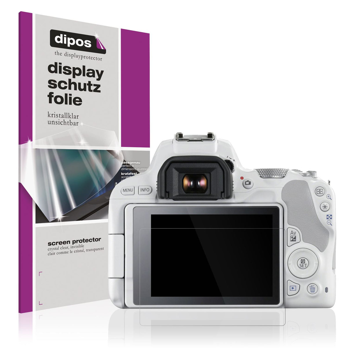 Klare Displayschutzfolie von dipos passend für Canon 200D, präziser Zuschnitt und blasenfrei montiert
