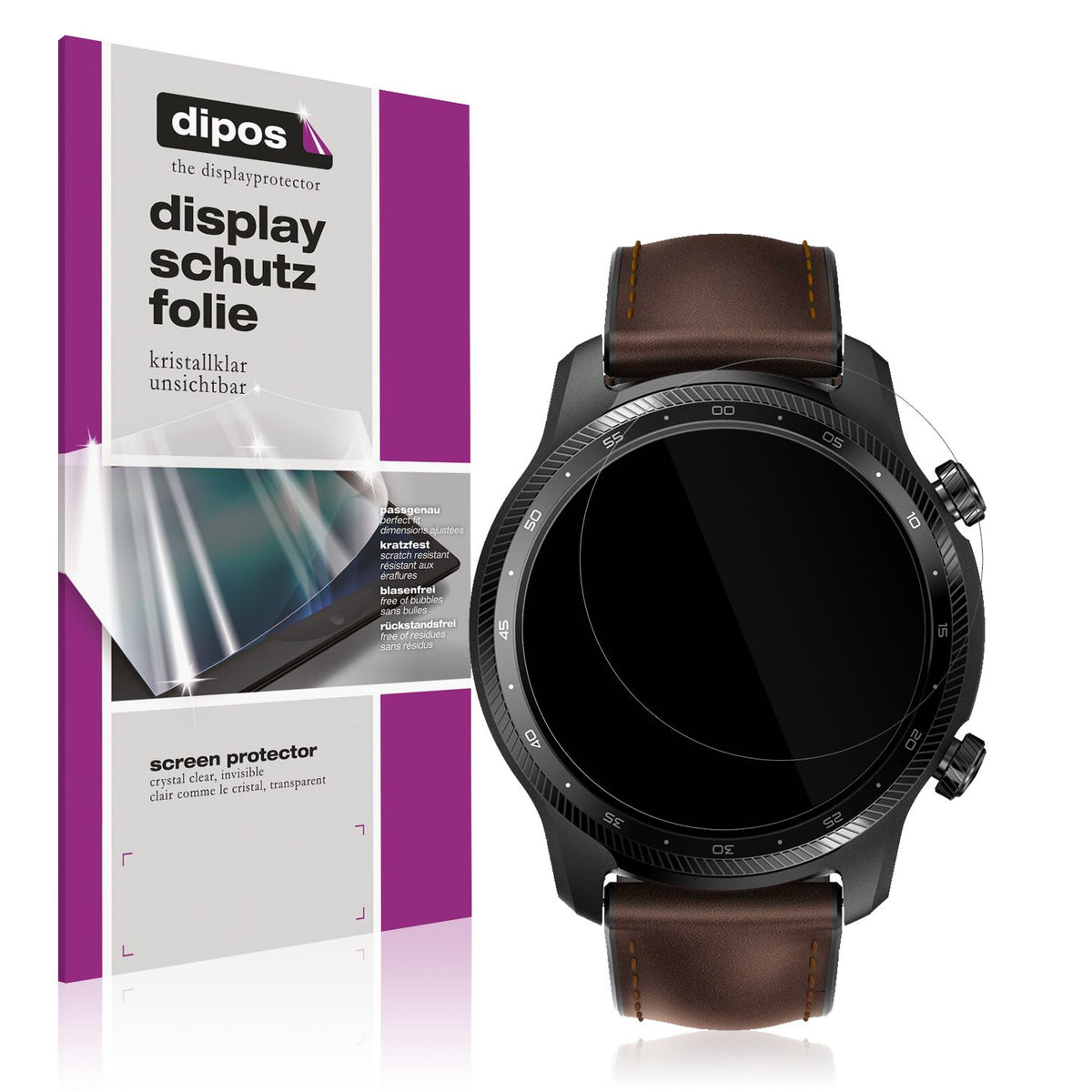 Klare Displayschutzfolie von dipos passend für Ticwatch Pro 3 Ultra, präziser Zuschnitt und blasenfrei montiert