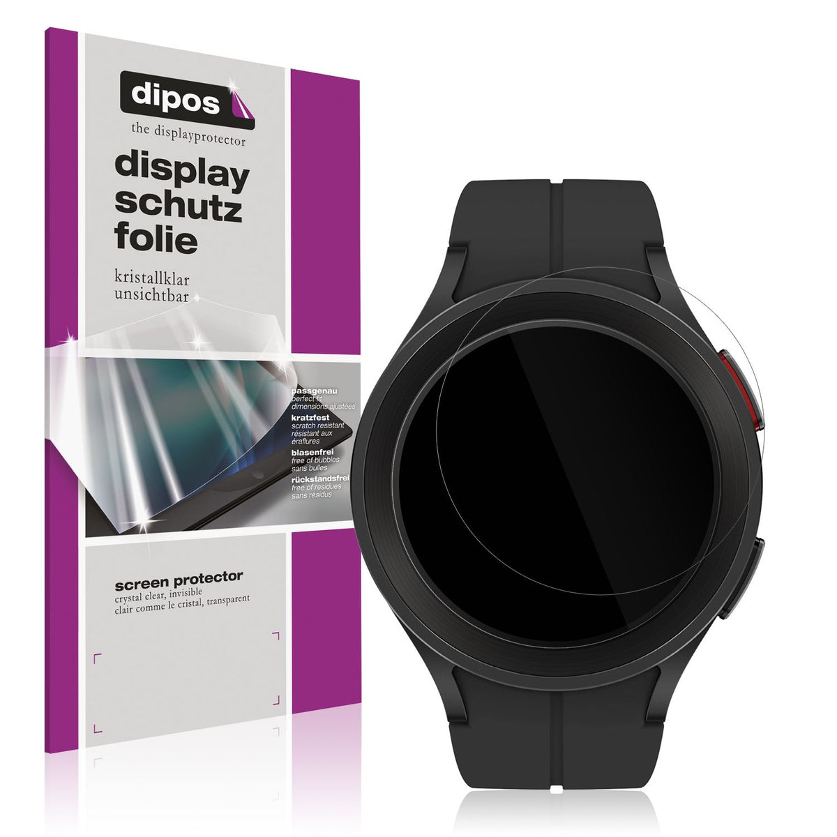 Klare Displayschutzfolie von dipos passend für Samsung Galaxy Watch 5 Pro LTE, präziser Zuschnitt und blasenfrei montiert