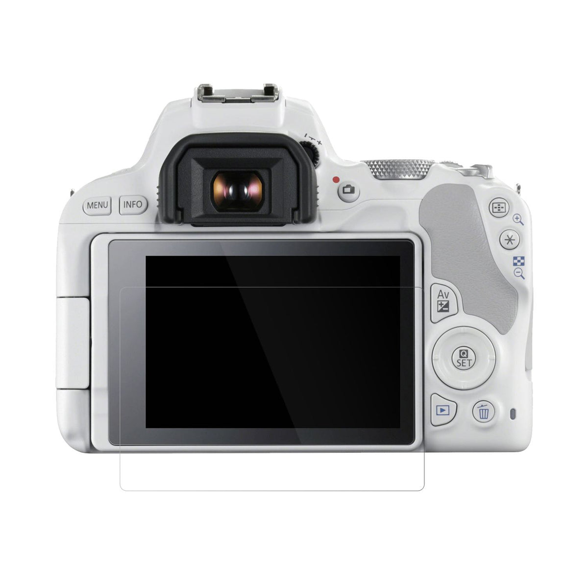 Canon200D mit aufgebrachter dipos Displayschutzfolie, glasklare Darstellung ohne Einschränkungen