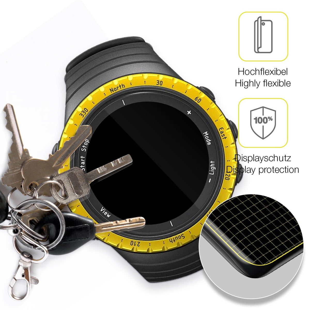 2x 3D Full Cover Schutzfolie für Suunto Core Black Yellow
