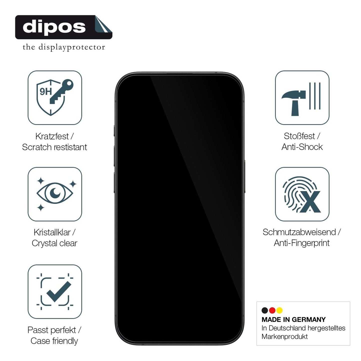 AppleiPhone 15 Pro mit aufgebrachter dipos Flex Schutzfolie, glasklare Darstellung ohne Einschränkungen