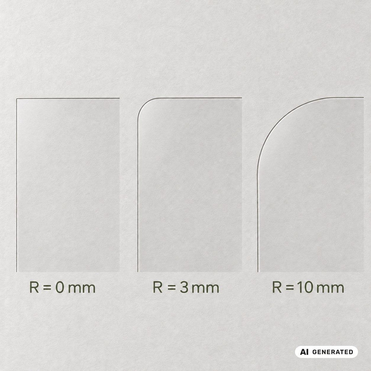 Eckenradien im Vergleich: 0, 3 und 10 mm / Corner radii compared: 0, 3 and 10 mm – KI-generierte Darstellung / AI-generated illustration