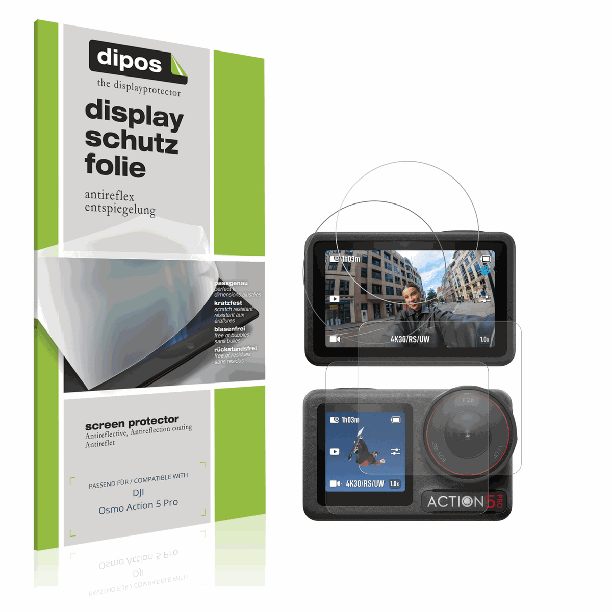 Matte Displayschutzfolie von dipos passend für DJI Osmo Action 5 Pro, präziser Zuschnitt und blasenfrei montiert