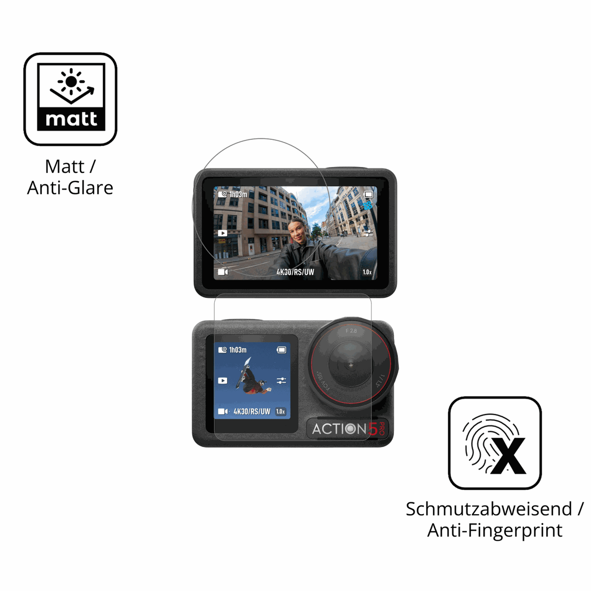 9H Hartbeschichtete, flexible Folie passend zugeschnitten für DJI Osmo Action 5 Pro