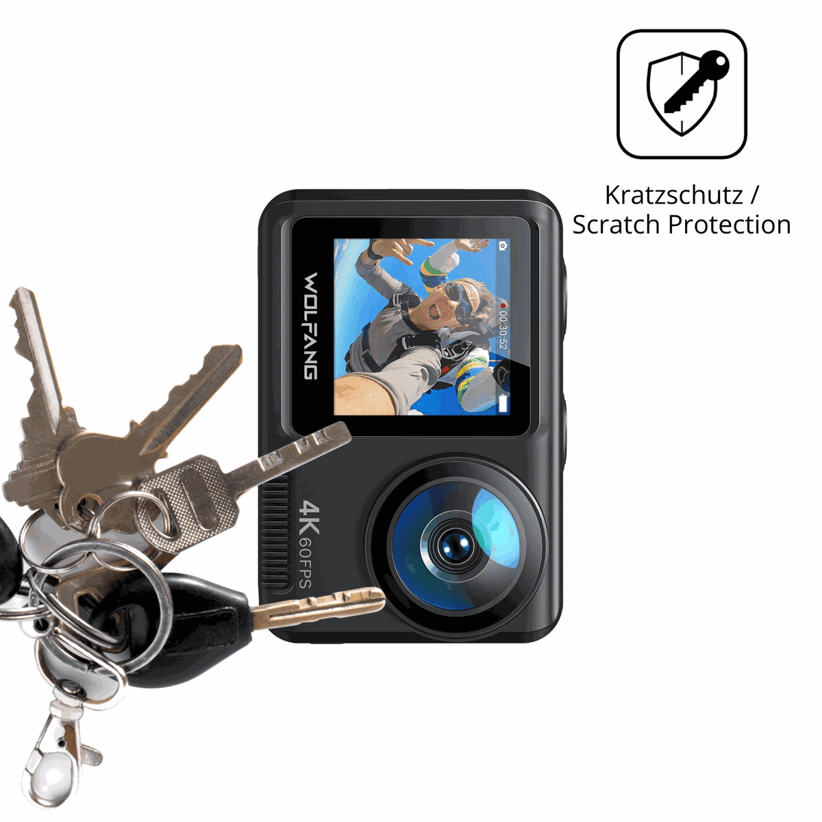 Schutz gegen Kratzer auf dem DoeDoefong 4K Action Cam Glas durch Schlüssel oder Ähnliches
