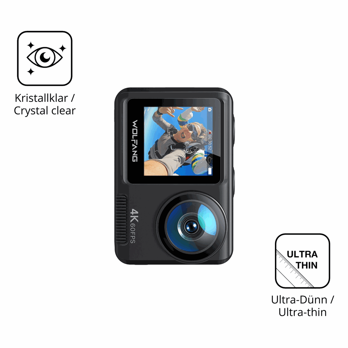 Dünne und klare Folie passend zugeschnitten für DoeDoefong 4K Action Cam