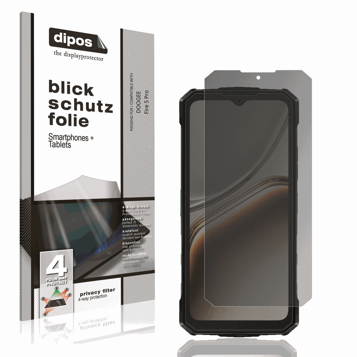 Blickschutzfolie von dipos passend für DOOGEE Fire 5 Pro, präziser Zuschnitt und blasenfrei montiert