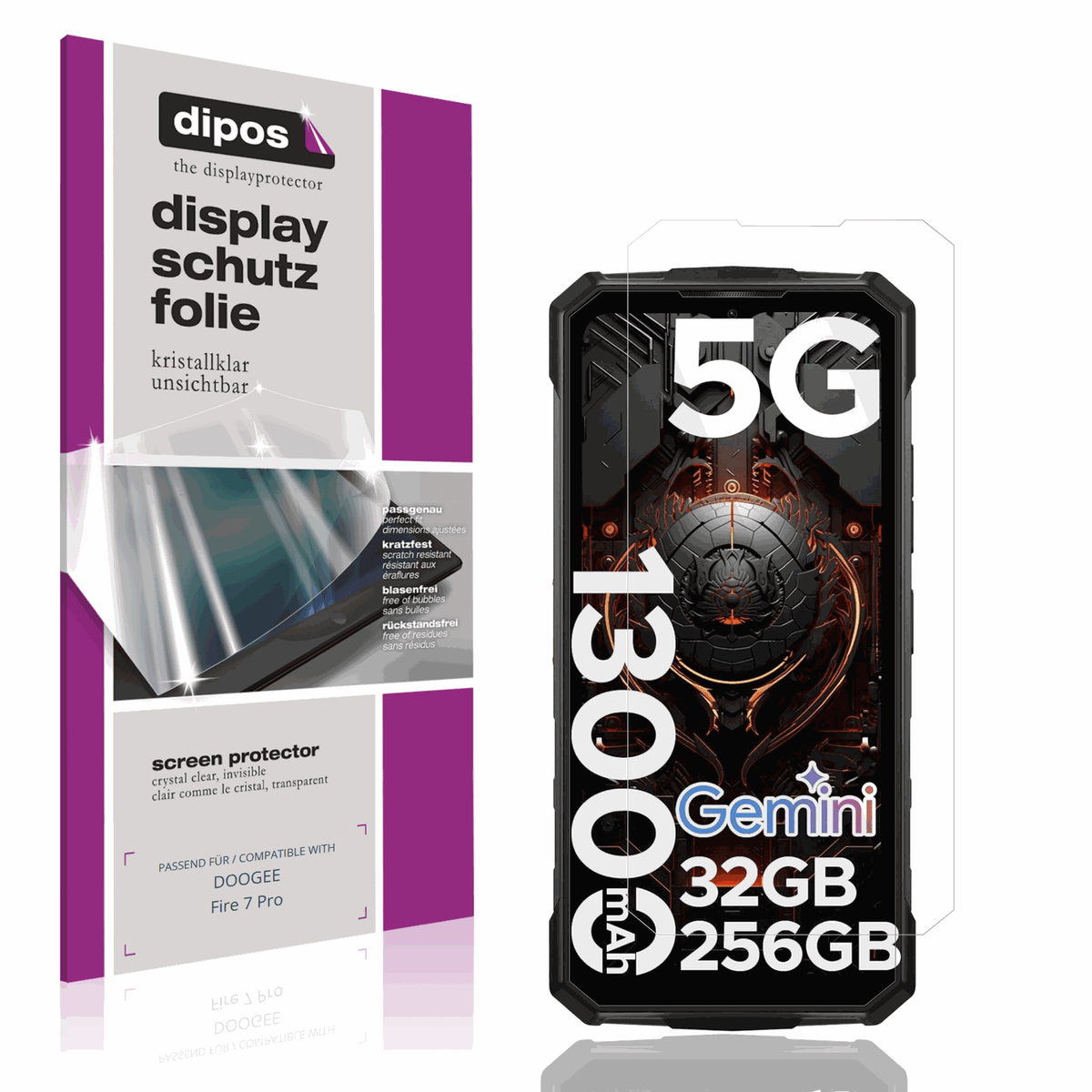 Klare Displayschutzfolie von dipos passend für DOOGEE Fire 7 Pro, präziser Zuschnitt und blasenfrei montiert