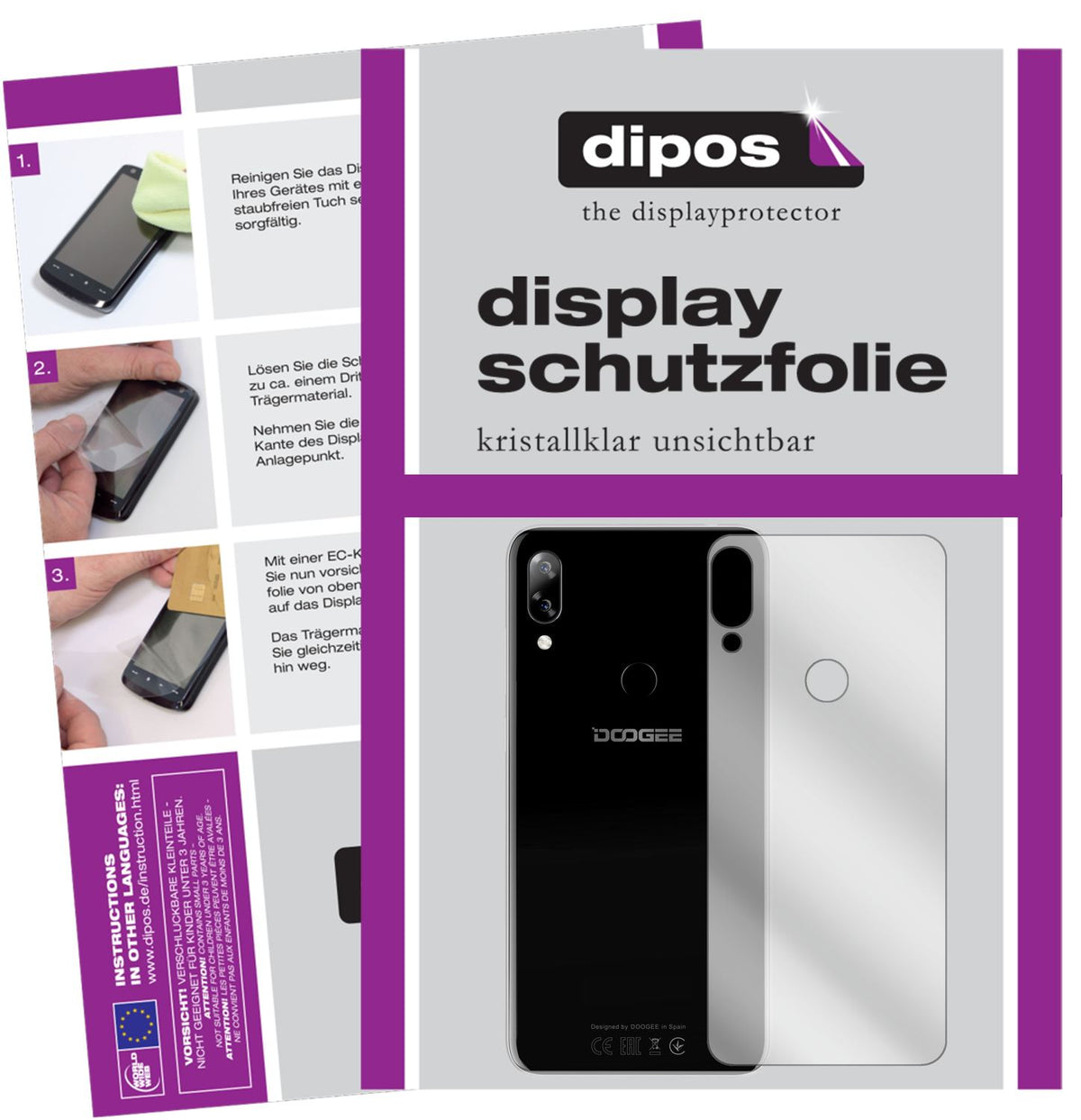 Klare Displayschutzfolie von dipos passend für Doogee N10 Rückseite, präziser Zuschnitt und blasenfrei montiert