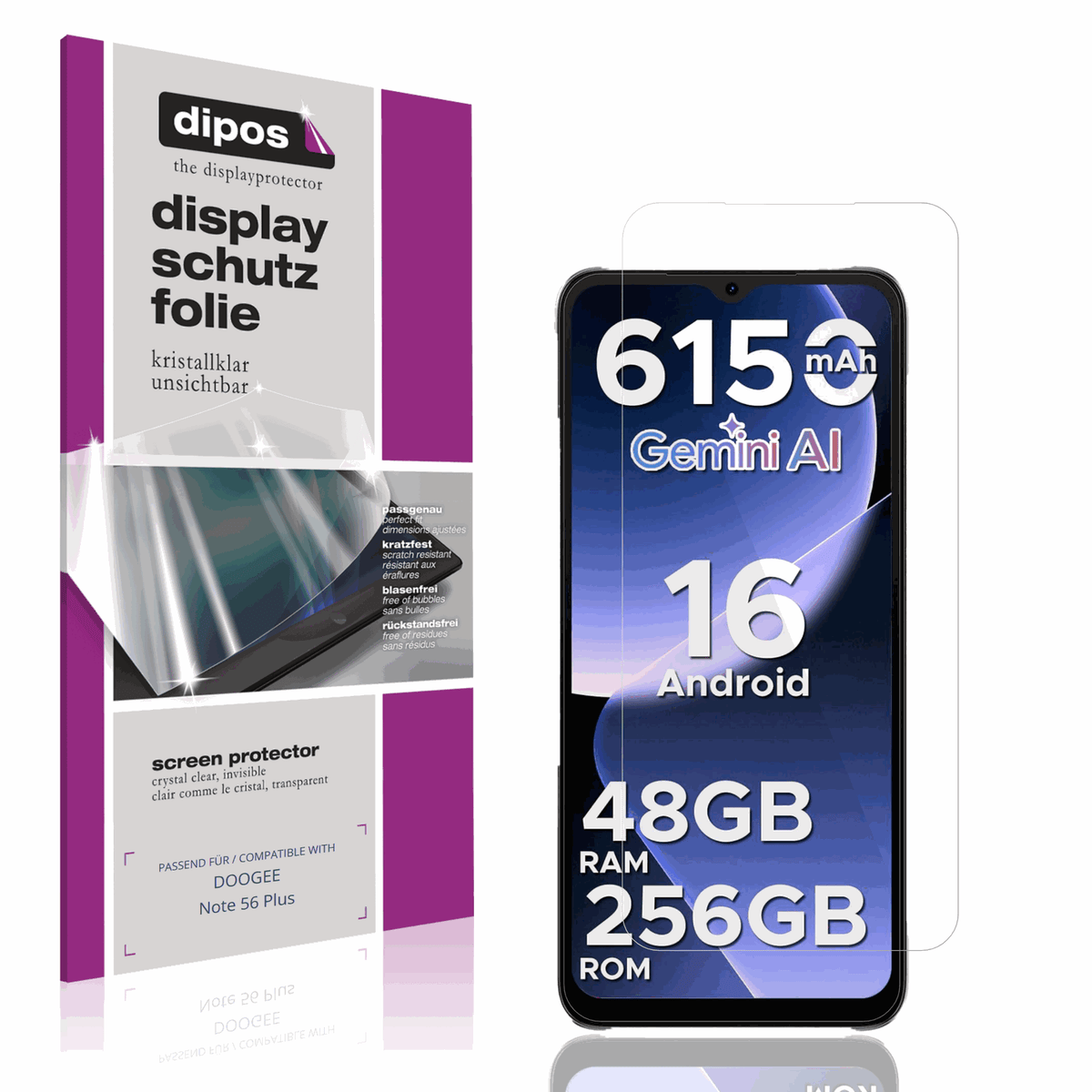 Klare Displayschutzfolie von dipos passend für DOOGEE Note 56 Plus, präziser Zuschnitt und blasenfrei montiert