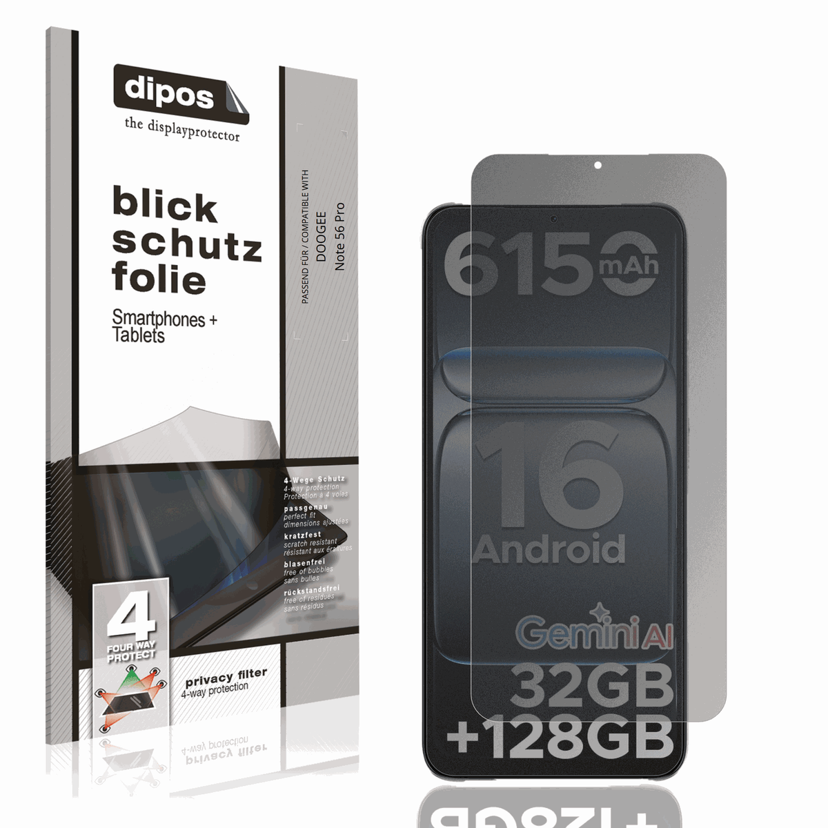 Blickschutzfolie von dipos passend für DOOGEE Note 56 Pro, präziser Zuschnitt und blasenfrei montiert