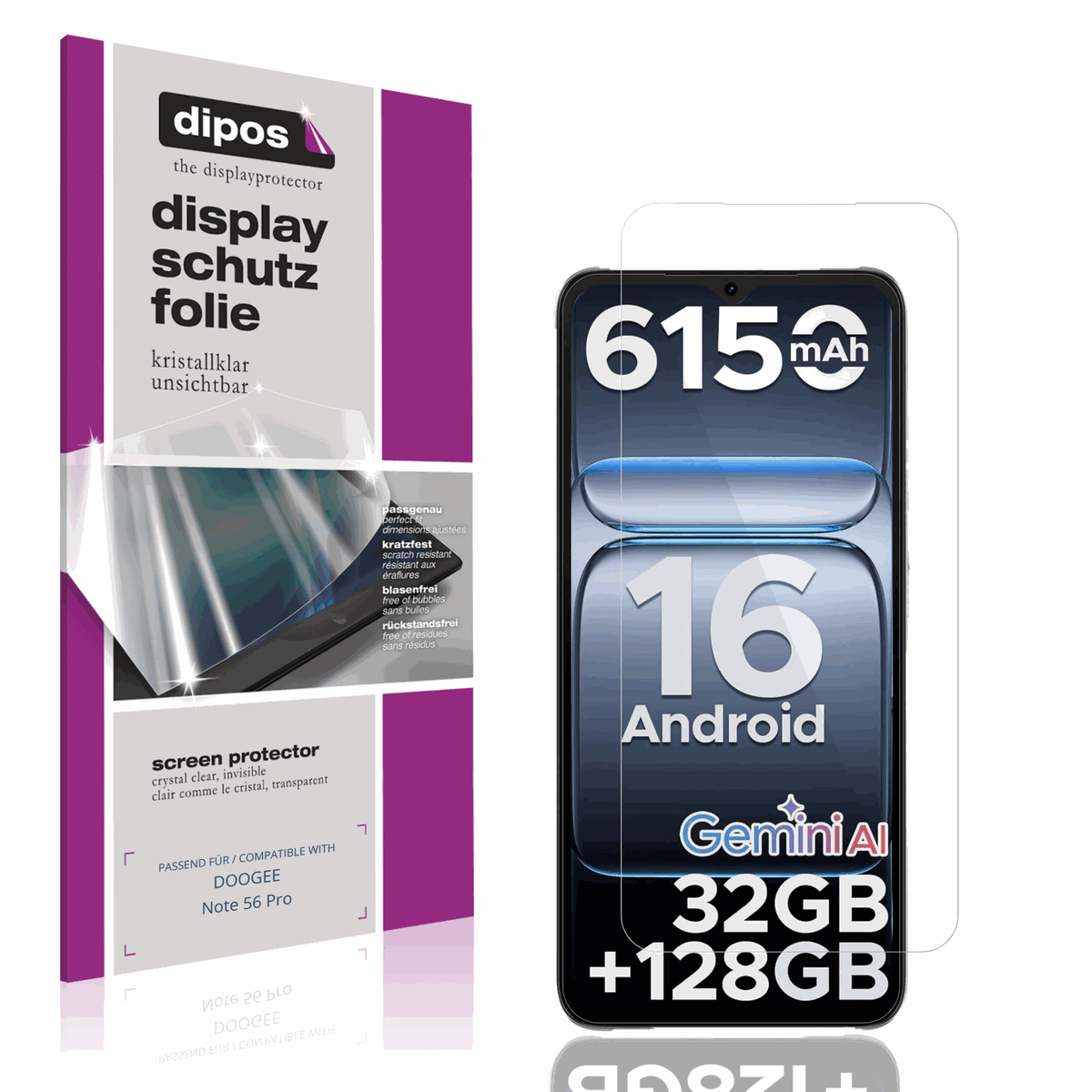 Klare Displayschutzfolie von dipos passend für DOOGEE Note 56 Pro, präziser Zuschnitt und blasenfrei montiert