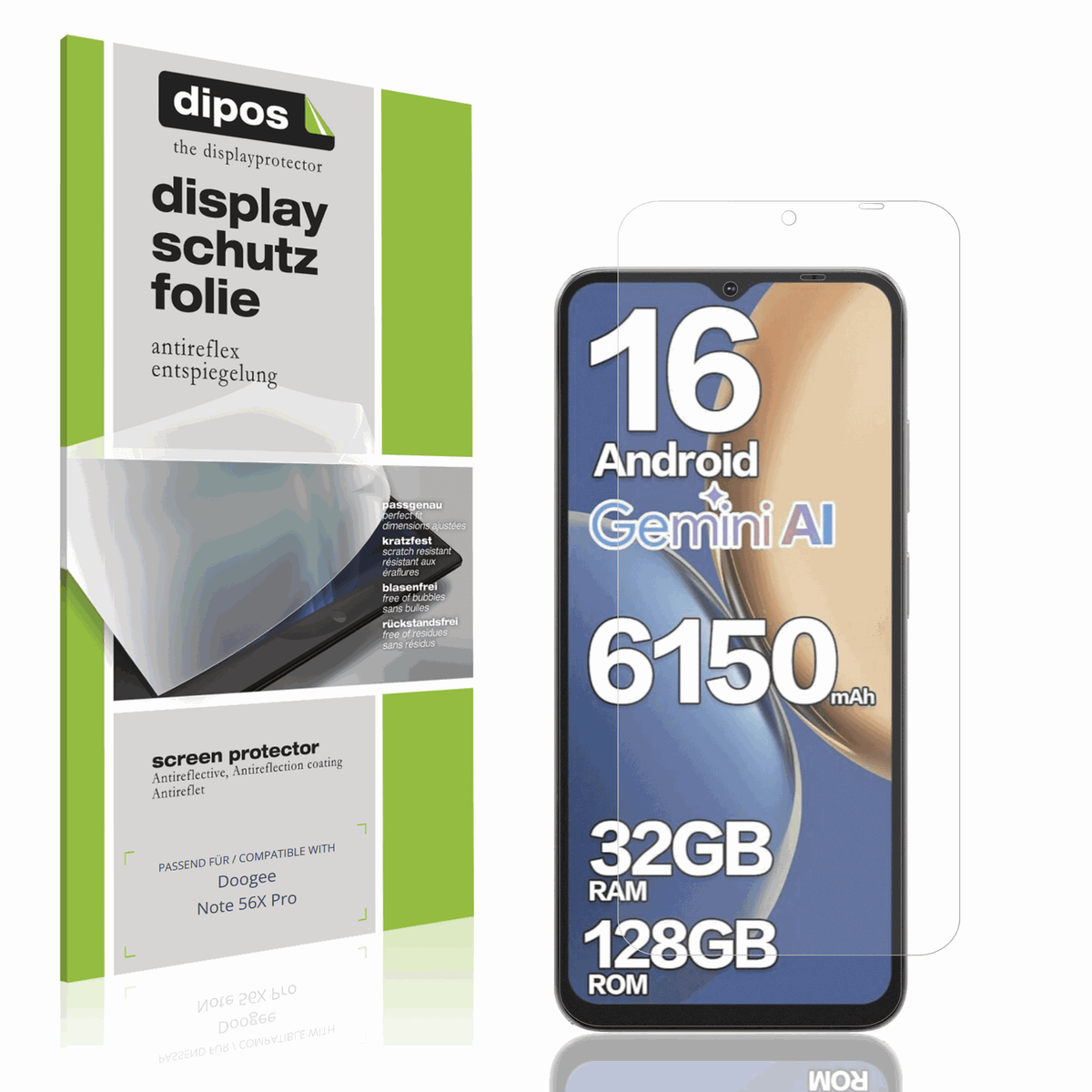 Matte Displayschutzfolie von dipos passend für Doogee Note 56X Pro, präziser Zuschnitt und blasenfrei montiert