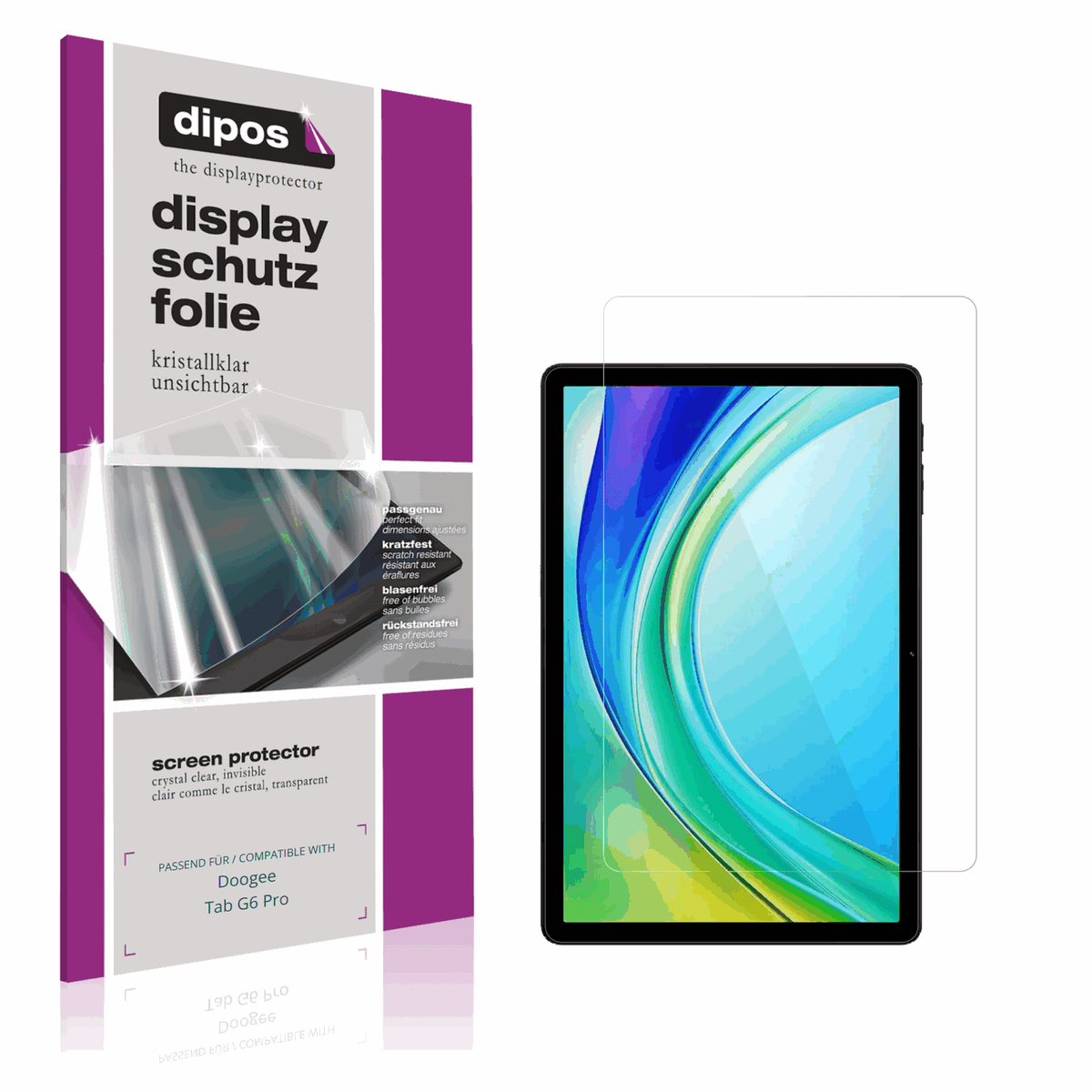 Klare Displayschutzfolie von dipos passend für Doogee Tab G6 Pro, präziser Zuschnitt und blasenfrei montiert