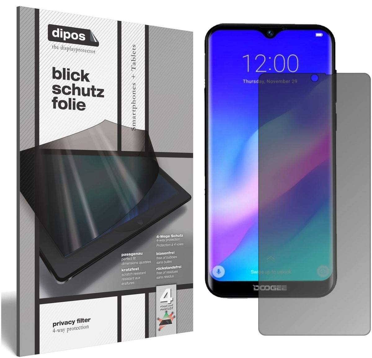 Blickschutzfolie von dipos passend für Doogee Y8 Plus (2019), präziser Zuschnitt und blasenfrei montiert
