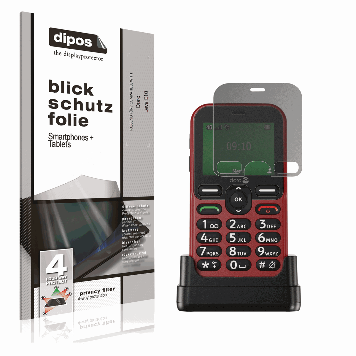 Blickschutzfolie von dipos passend für Doro Leva E10, präziser Zuschnitt und blasenfrei montiert