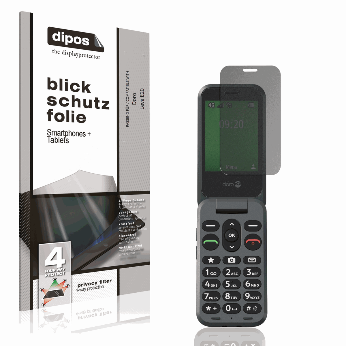 Blickschutzfolie von dipos passend für Doro Leva E20, präziser Zuschnitt und blasenfrei montiert