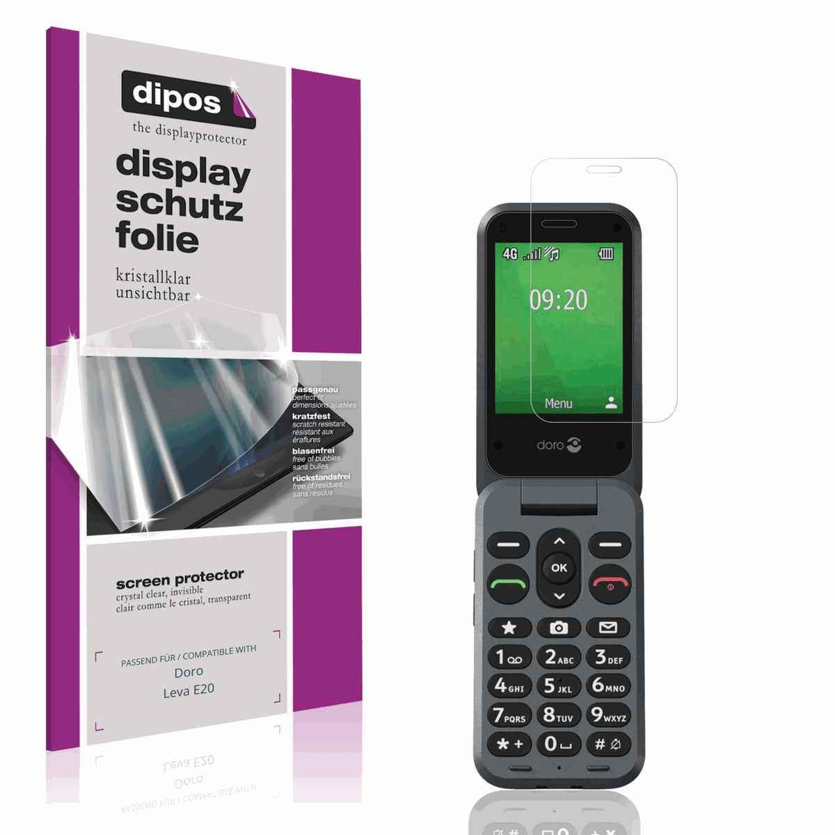 Klare Displayschutzfolie von dipos passend für Doro Leva E20, präziser Zuschnitt und blasenfrei montiert