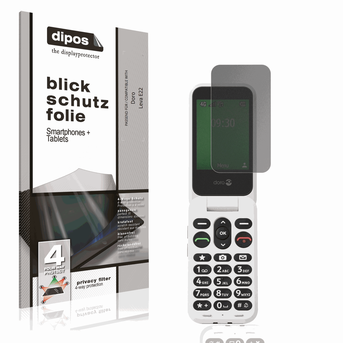 Blickschutzfolie von dipos passend für Doro Leva E22, präziser Zuschnitt und blasenfrei montiert
