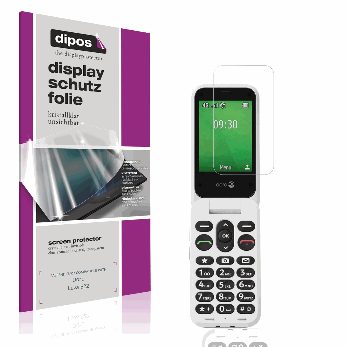 Klare Displayschutzfolie von dipos passend für Doro Leva E22, präziser Zuschnitt und blasenfrei montiert