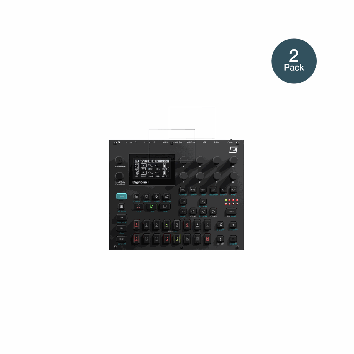 ElektronDigitone II mit aufgebrachter dipos Flex Schutzfolie, glasklare Darstellung ohne Einschränkungen