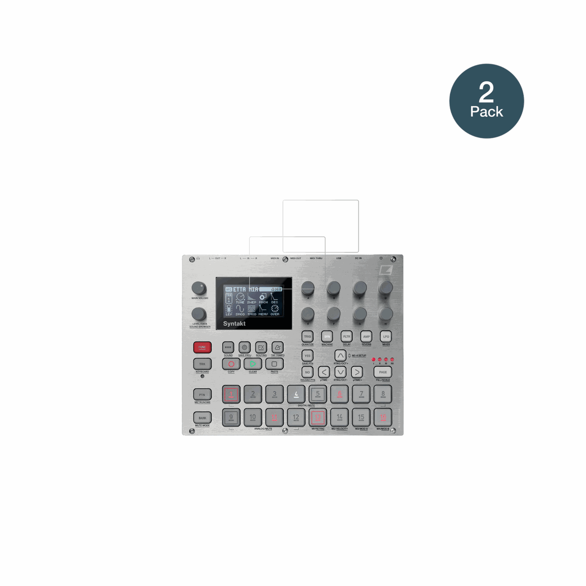 ElektronSyntakt E25 mit aufgebrachter dipos Flex Schutzfolie, glasklare Darstellung ohne Einschränkungen