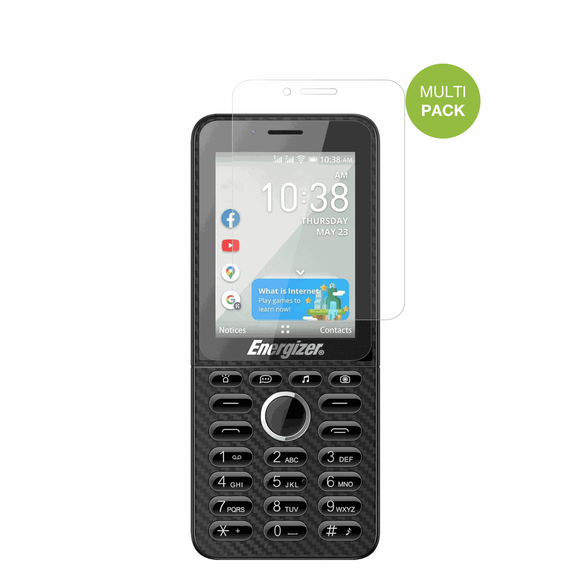 EnergizeE288S mit aufgebrachter dipos Displayschutzfolie, die lästige Fingerabdrücke minimiert