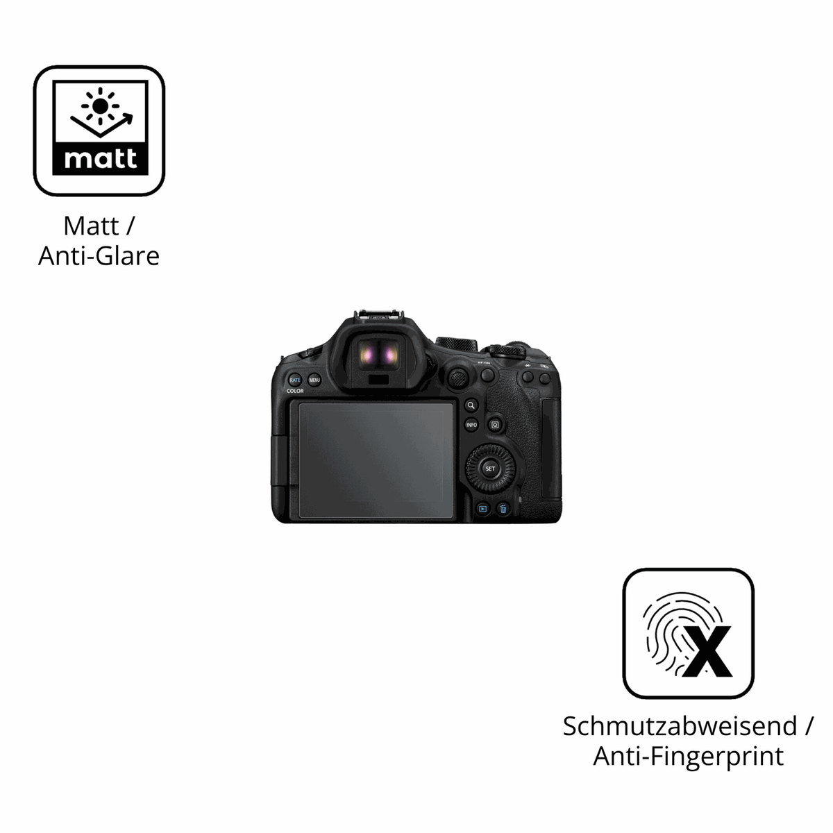 Dünne und entspiegelnde Folie passend zugeschnitten für EOS R6 Mark III