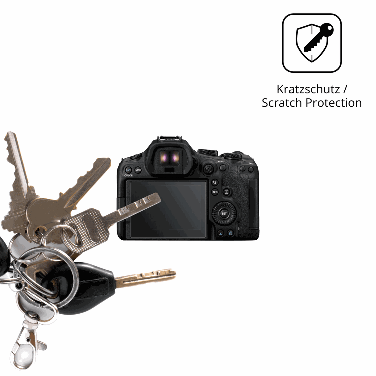 Schutz gegen Kratzer auf dem EOS R6 Mark III Glas durch Schlüssel oder Ähnliches