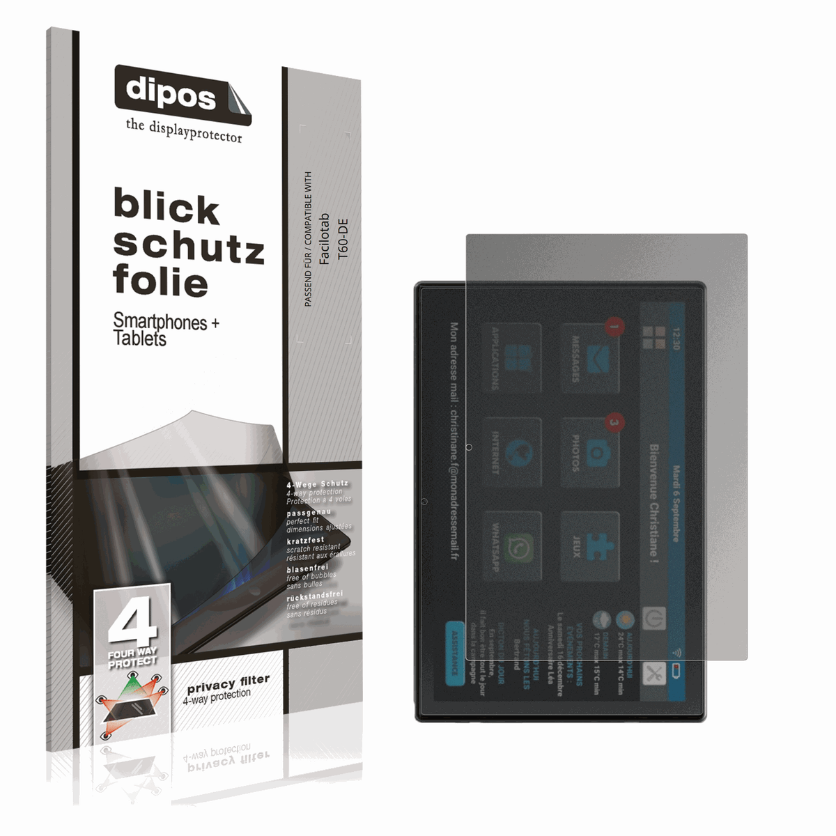 Blickschutzfolie von dipos passend für Facilotab T60-DE, präziser Zuschnitt und blasenfrei montiert