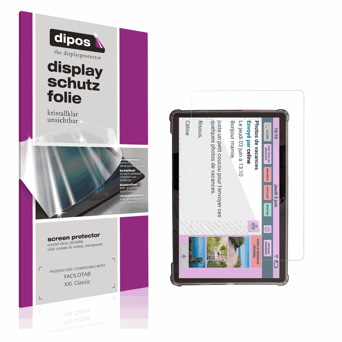 Klare Displayschutzfolie von dipos passend für FACILOTAB XXL Classic, präziser Zuschnitt und blasenfrei montiert