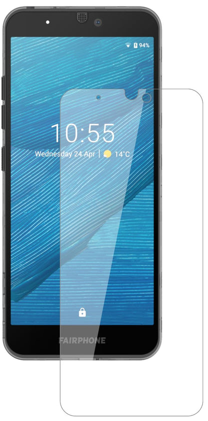 Fairphone3 mit aufgebrachter dipos Flex Schutzfolie, glasklare Darstellung ohne Einschränkungen