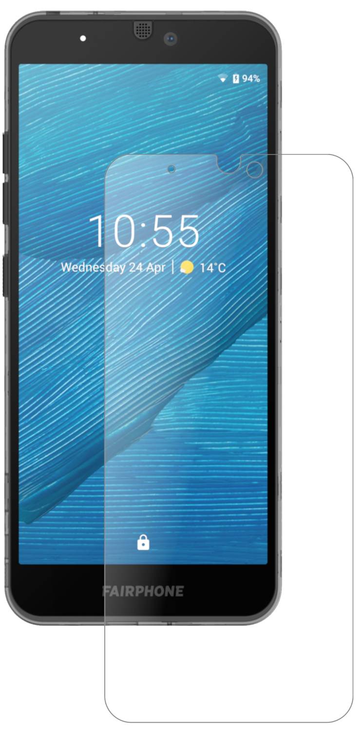 Fairphone3 Plus mit aufgebrachter dipos Panzerfolie, die lästige Fingerabdrücke minimiert