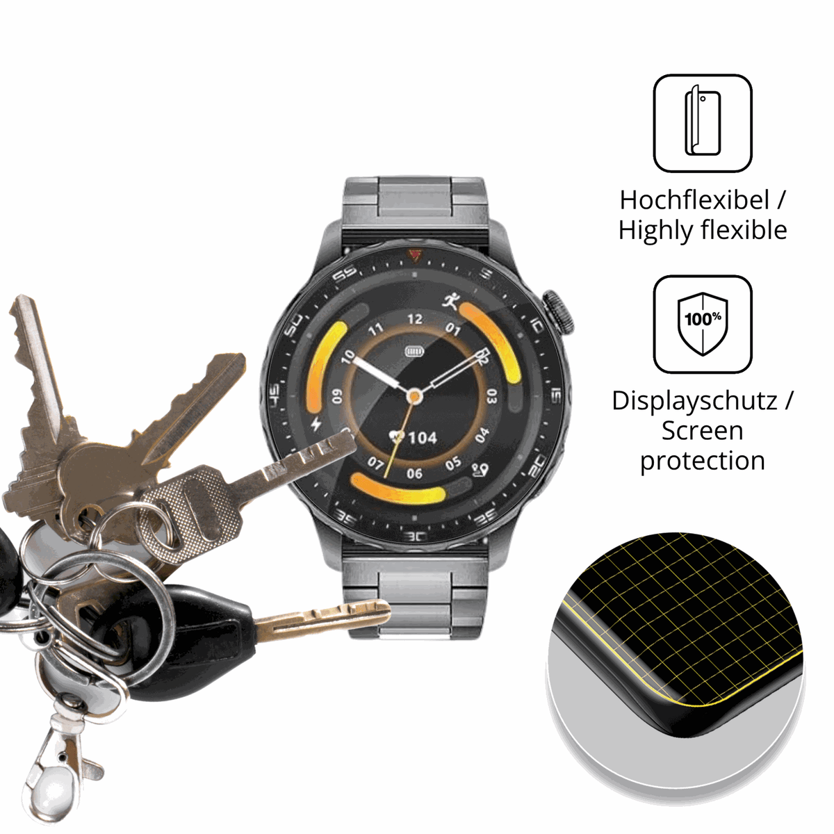 dipos Displayschutz für FITFLEX 1.43 Zoll Smartwatch, transparente Oberfläche, perfekte Passform auch für die Rundungen