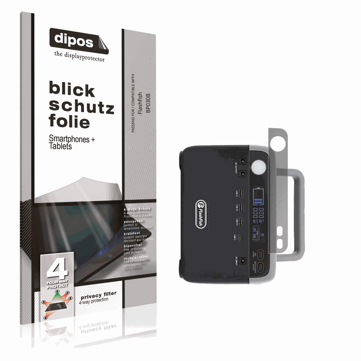Blickschutzfolie von dipos passend für Flashfish BP030B, präziser Zuschnitt und blasenfrei montiert