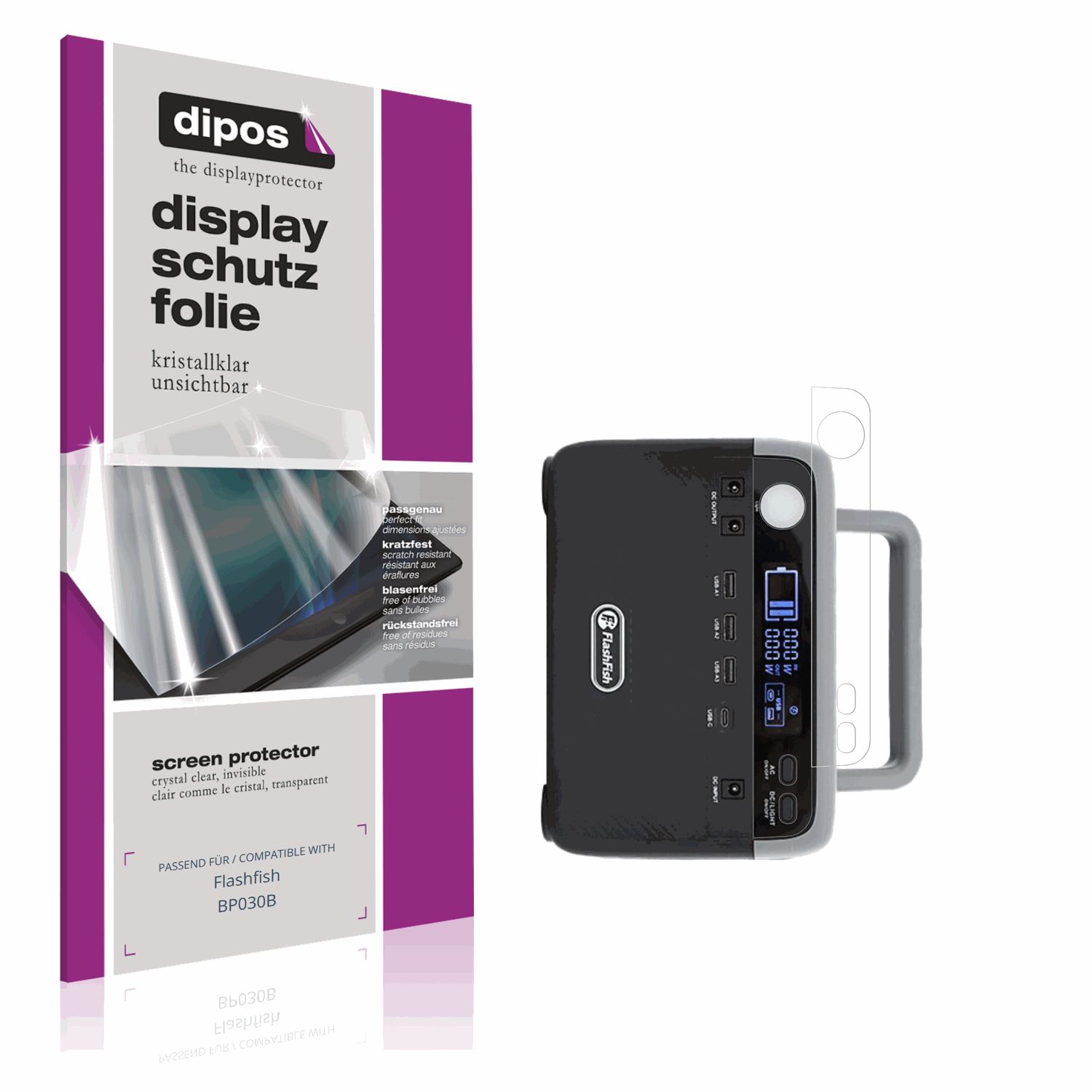 Klare Displayschutzfolie von dipos passend für Flashfish BP030B, präziser Zuschnitt und blasenfrei montiert