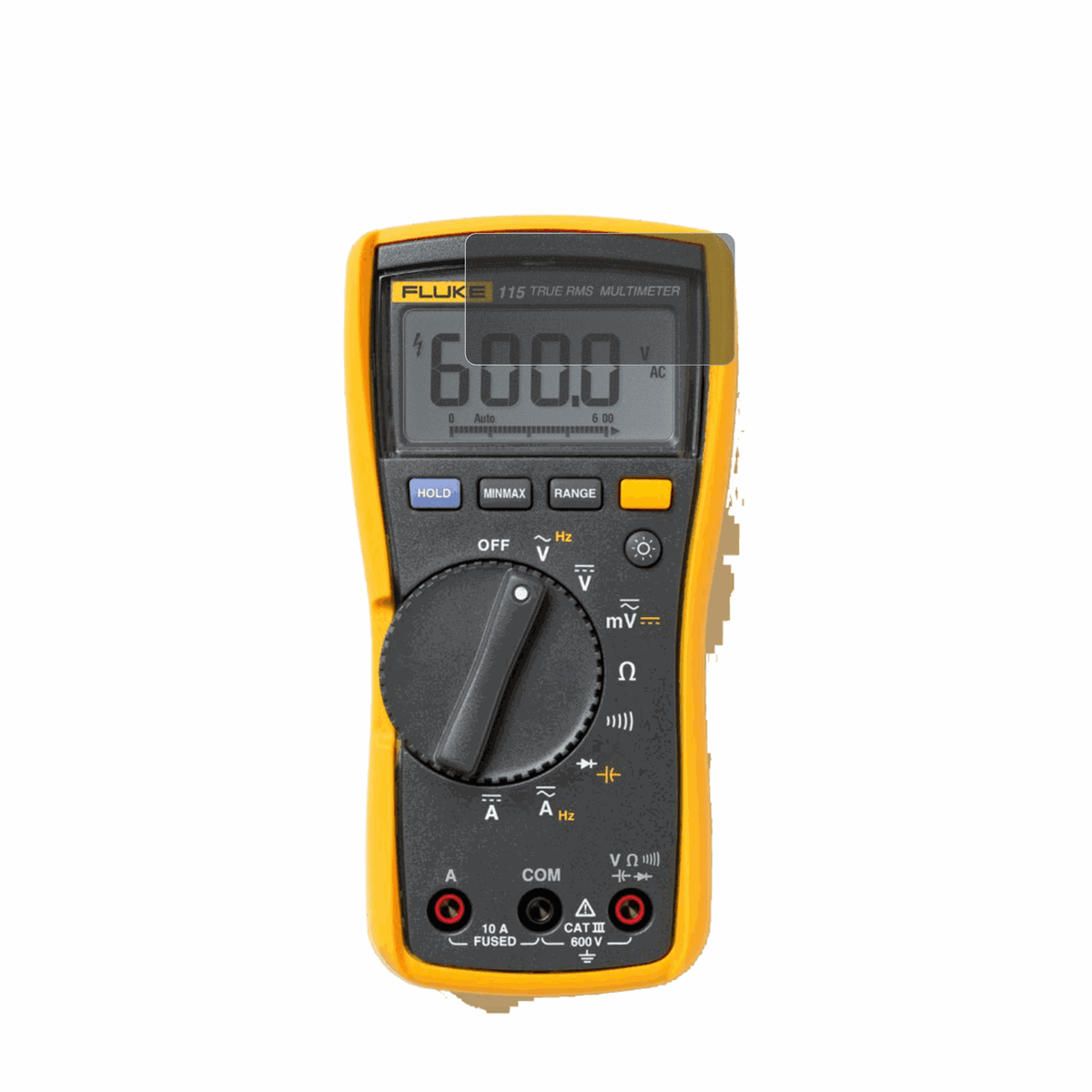 Fluke115 mit aufgebrachtem dipos Displayschutz, der seitliche Einblicke blockiert